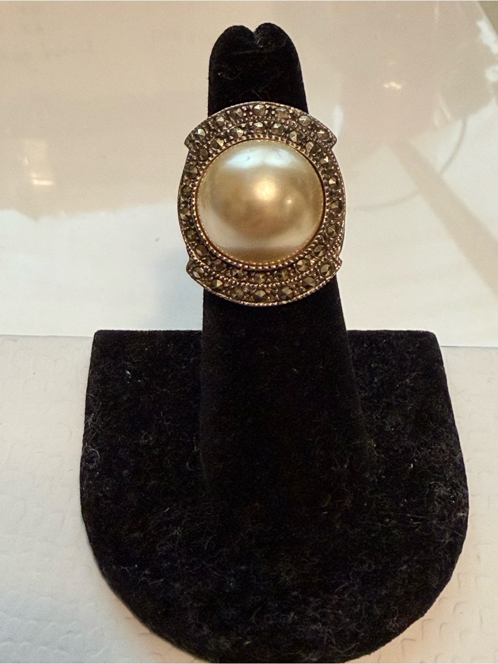 Vintage art deco, sterling silver and pearl Marcasite ring